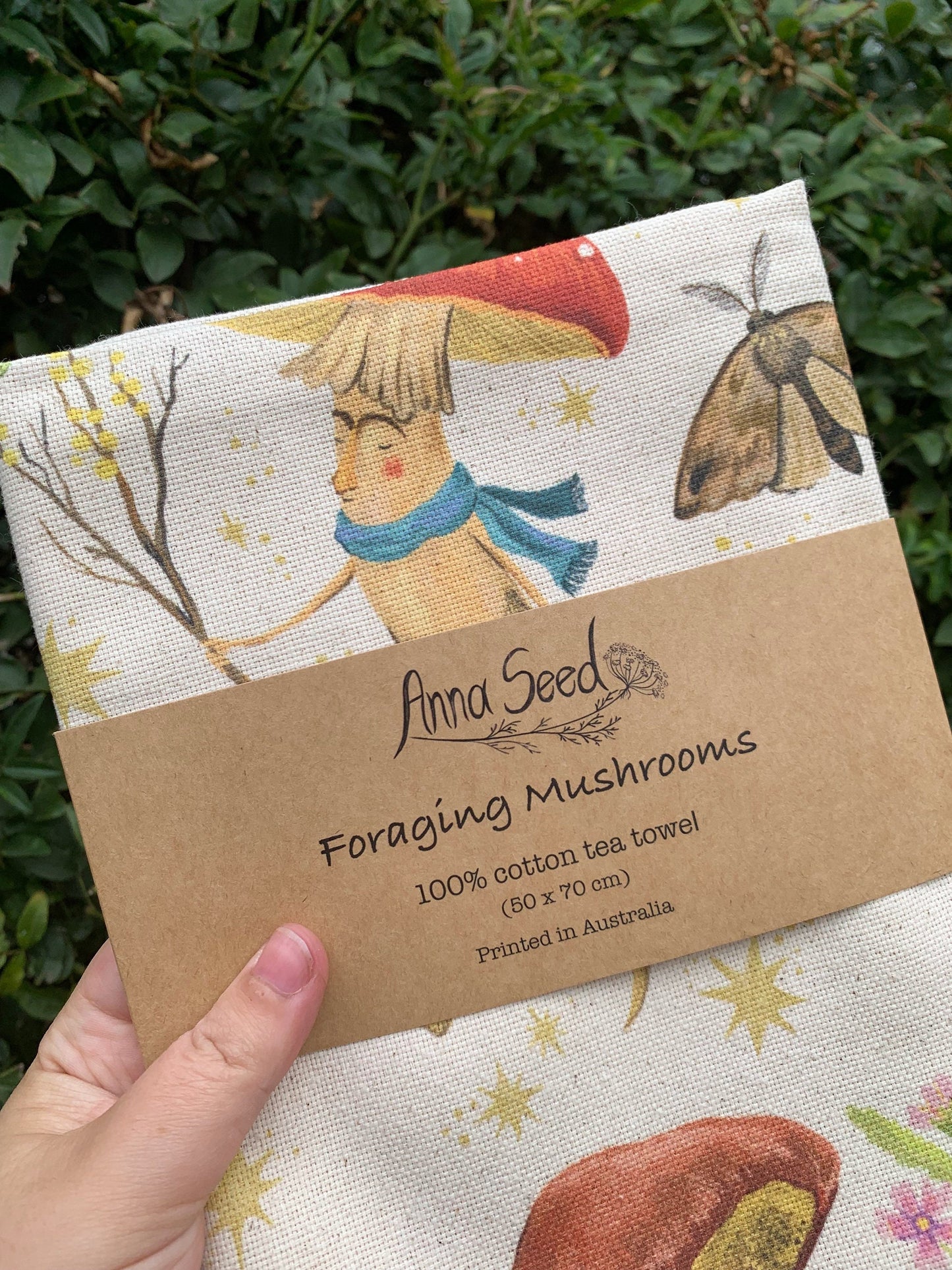 Anna Seed Art | Tea Towel - Foraging Mushrooms. 100% cotton